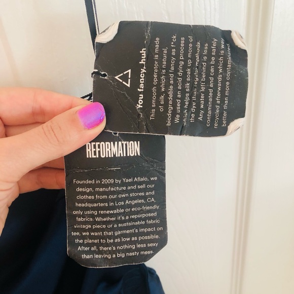 100% SILK REFORMATION NAVY BLUE ONE SHOULDER MIDI DRESS - Picture 11 of 11